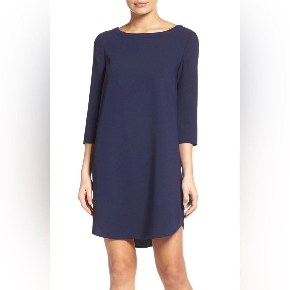 BB Dakota Nordstrom Navy Jazlyn Crepe Shift Dress 3/4 Sleeve Zip Back Size Large